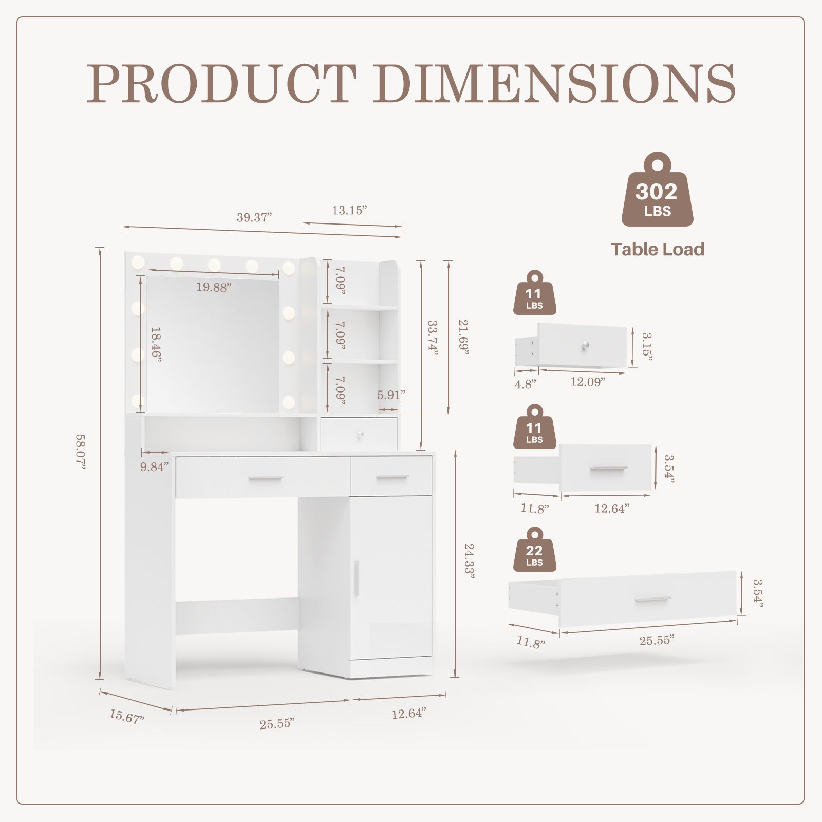 Dressing Table And Mirror, Dressing Table And Bedroom Dressing Table With 3-color Light Options For Adjustable Brightness, White